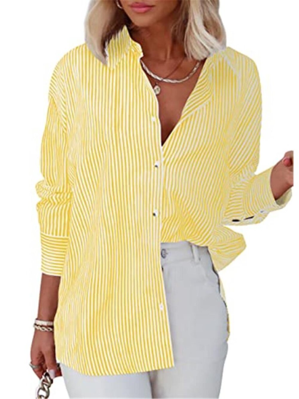 Womens Striped Button Down Shirt V Neck Roll Tab Sleeve Casual Work Office Top